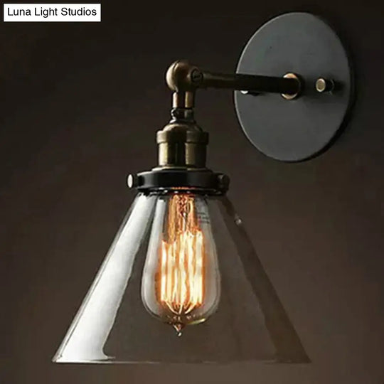 Industrial Wall Lamp With Swivel Glass Shade - Brass-Black Finish For Kitchen And More Clear / Cone