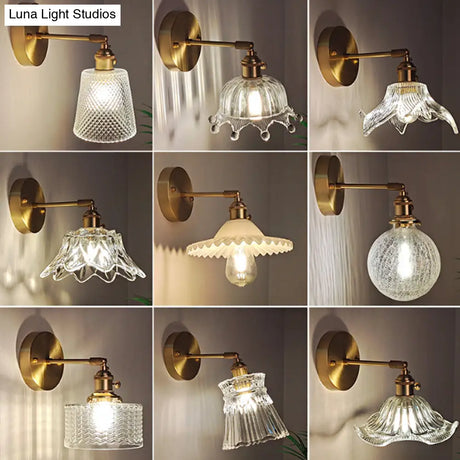 Industrial Wall Mounted Swing Arm Reading Light With Blossom/Bowl Clear Glass Shade - Iron Brass