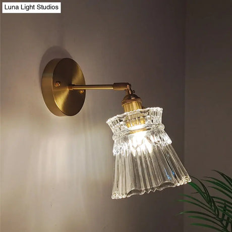 Industrial Wall Mounted Swing Arm Reading Light With Blossom/Bowl Clear Glass Shade - Iron Brass