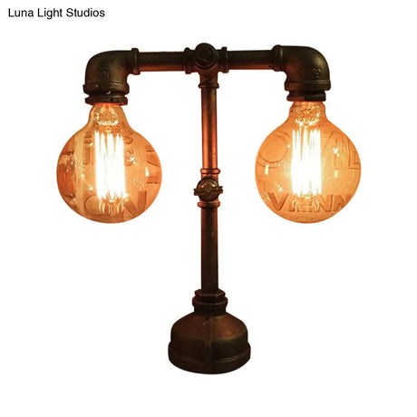 Industrial Water Pipe Table Lamp - 2 Lights Stylish Black Metal Fixture For Restaurant Lighting
