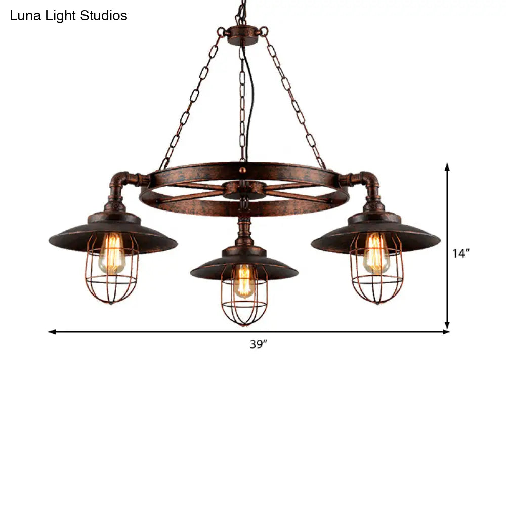 Industrial Weathered Copper Wagon Wheel Chandelier - Rustic 3-Light Pendant Light With Cage For