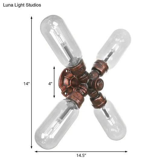 Industrial Weathered Copper Pipe Wall Sconce Lighting - Clear Glass Capsule & 2/4 Lights For Bedroom