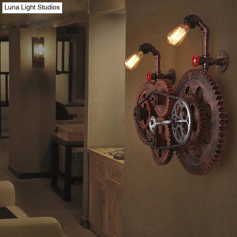 Industrial Weathered Copper Wall Sconce With Bare Bulb - Gear Design Wrought Iron 2 Lights