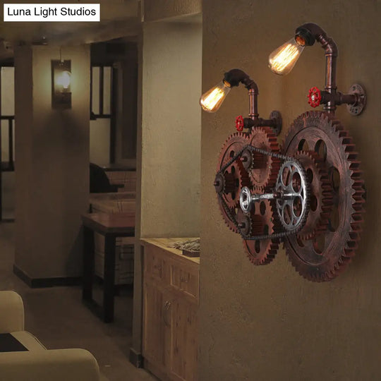 Industrial Weathered Copper Wall Sconce With Bare Bulb - Gear Design Wrought Iron 2 Lights