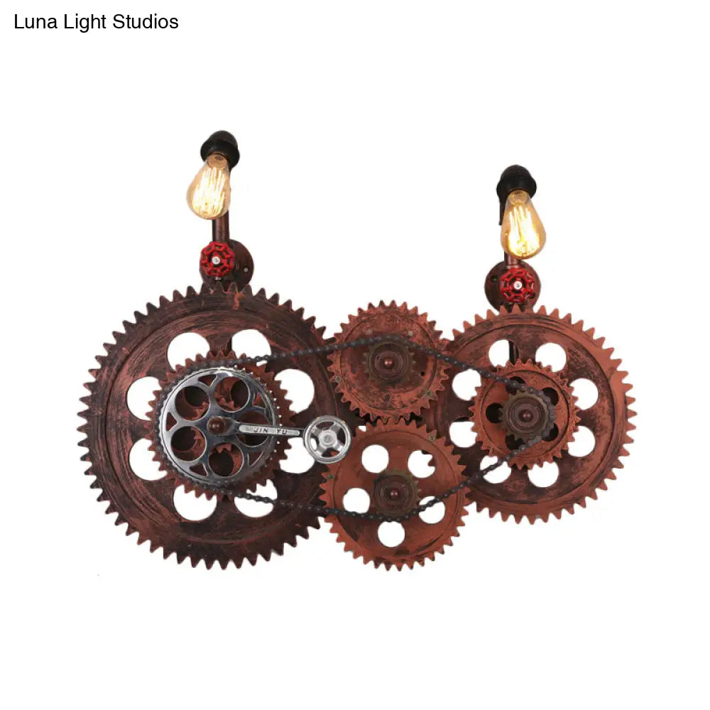 Industrial Weathered Copper Wall Sconce With Bare Bulb - Gear Design Wrought Iron 2 Lights
