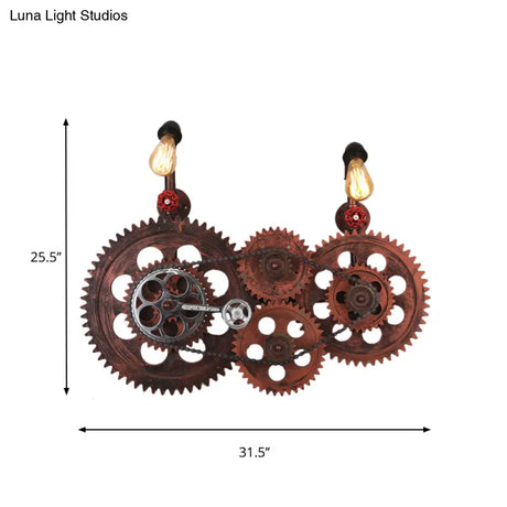 Industrial Weathered Copper Wall Sconce With Bare Bulb - Gear Design Wrought Iron 2 Lights