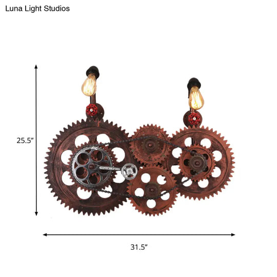 Industrial Weathered Copper Wall Sconce With Bare Bulb - Gear Design Wrought Iron 2 Lights