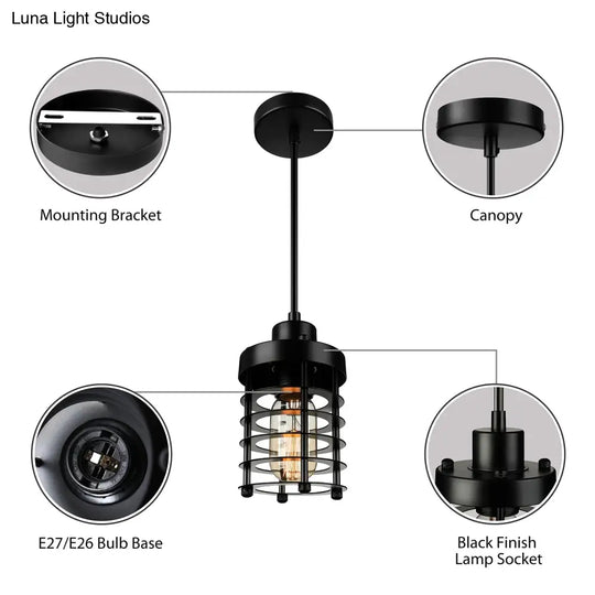 Industrial Wire Cage Pendant Light Fixture - Black/Rust Finish