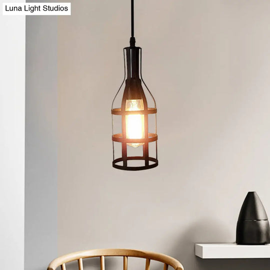 Industrial Metal Hanging Pendant Light With Wine Bottle Design And 1 Bulb In Black/Antique Brass