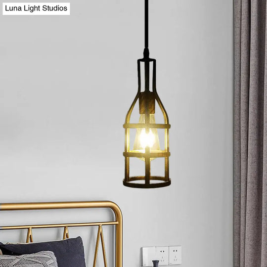 Industrial Wire Caged Metal Hanging Pendant Light With Wine Bottle Design - Black/Antique Brass