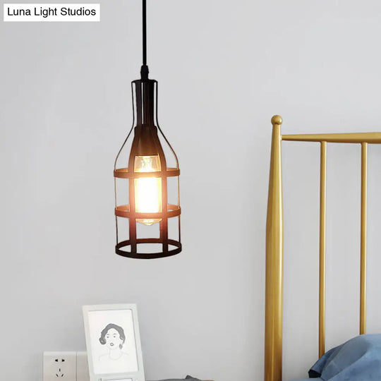 Industrial Metal Hanging Pendant Light With Wine Bottle Design And 1 Bulb In Black/Antique Brass