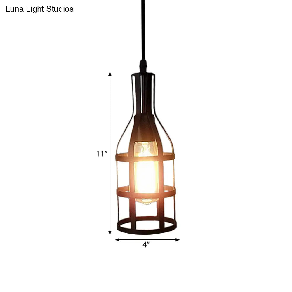 Industrial Wire Caged Metal Hanging Pendant Light With Wine Bottle Design - Black/Antique Brass
