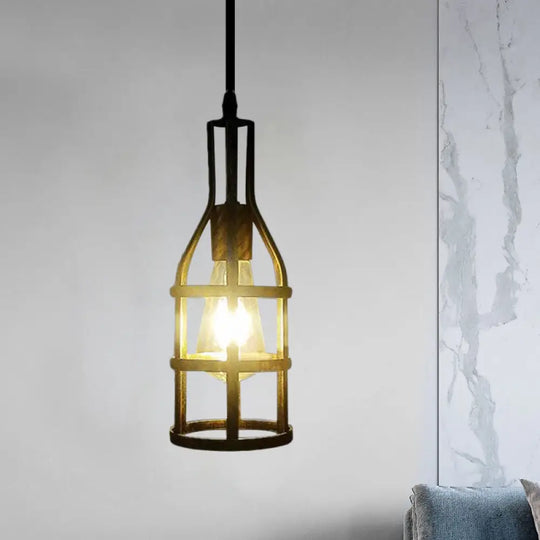 Industrial Wire Caged Metal Hanging Pendant Light With Wine Bottle Design - Black/Antique Brass