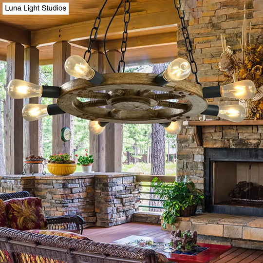 Industrial Wood Wheel Chandelier With 8 Lights & Chain - Black Dining Room Ceiling Fixture
