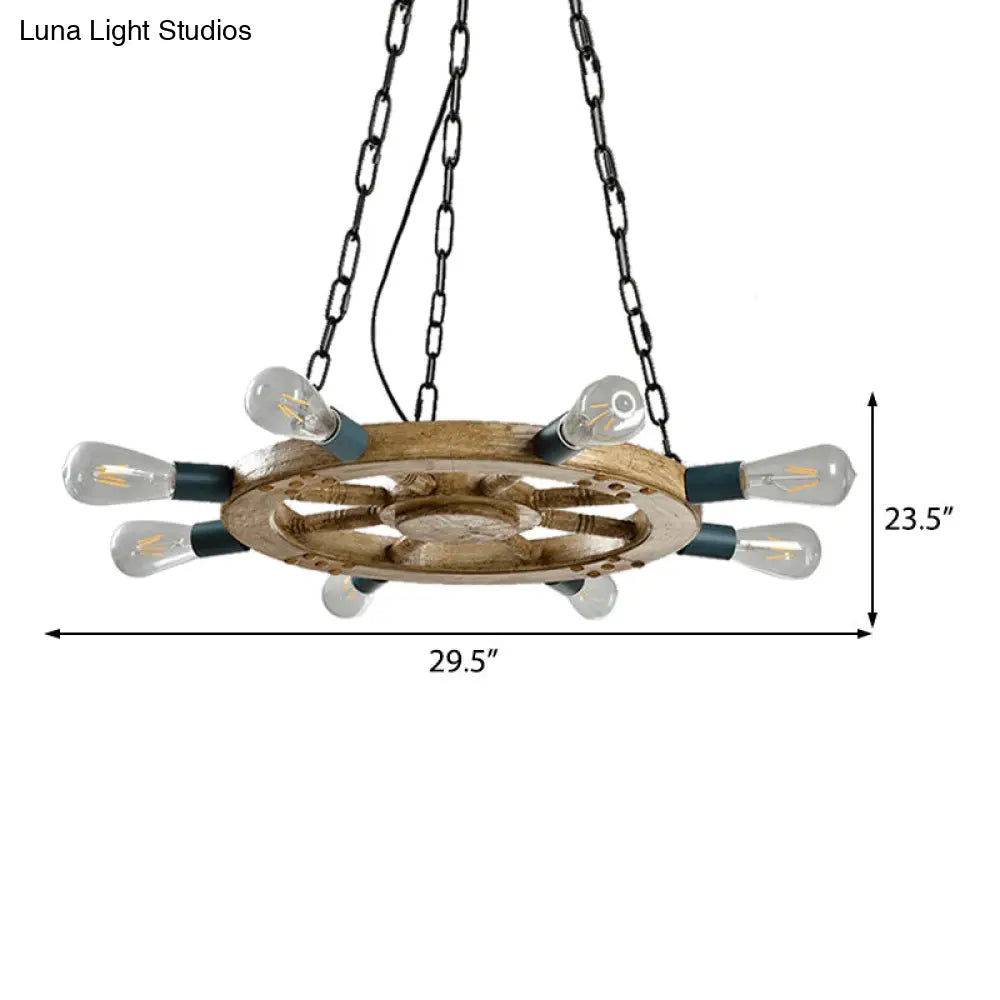 Industrial Wood Wheel Chandelier With 8 Lights & Chain - Black Dining Room Ceiling Fixture