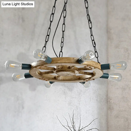 Industrial Wood Wheel Chandelier With 8 Lights & Chain - Black Dining Room Ceiling Fixture