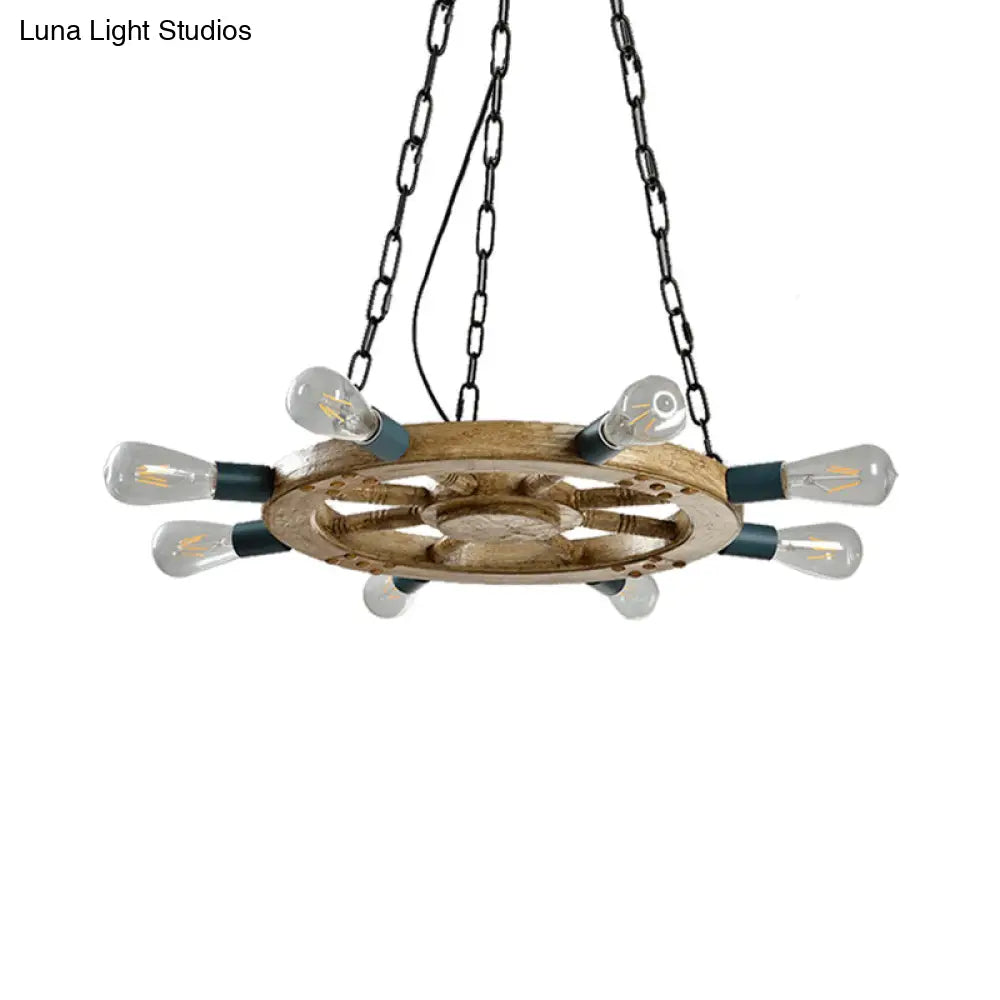 Industrial Wood Wheel Chandelier With 8 Lights & Chain - Black Dining Room Ceiling Fixture