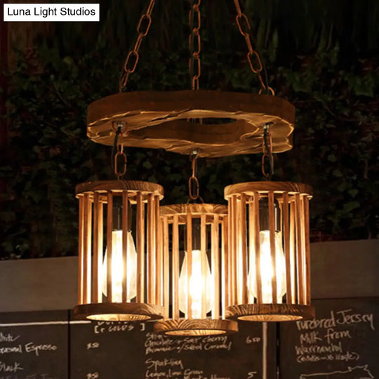 Industrial Black Cylinder Chandelier - 3-Light Wood Hanging Pendant For Dining Room With Chain