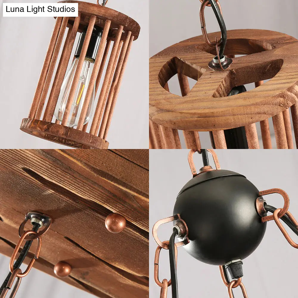 Industrial Black Cylinder Chandelier - 3-Light Wood Hanging Pendant For Dining Room With Chain