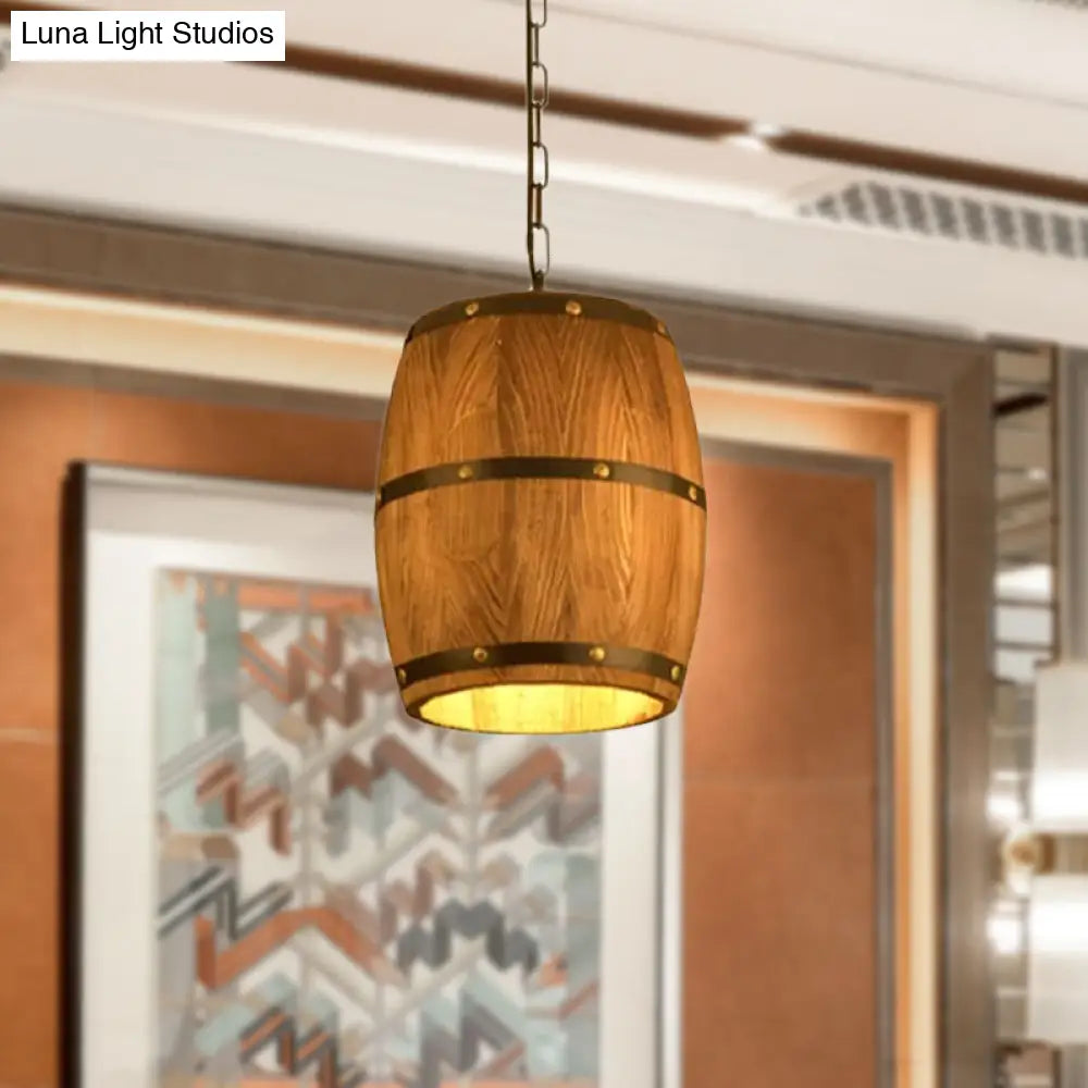 Industrial Wood Barrel Pendant Light In Brown - Creative Hanging Fixture