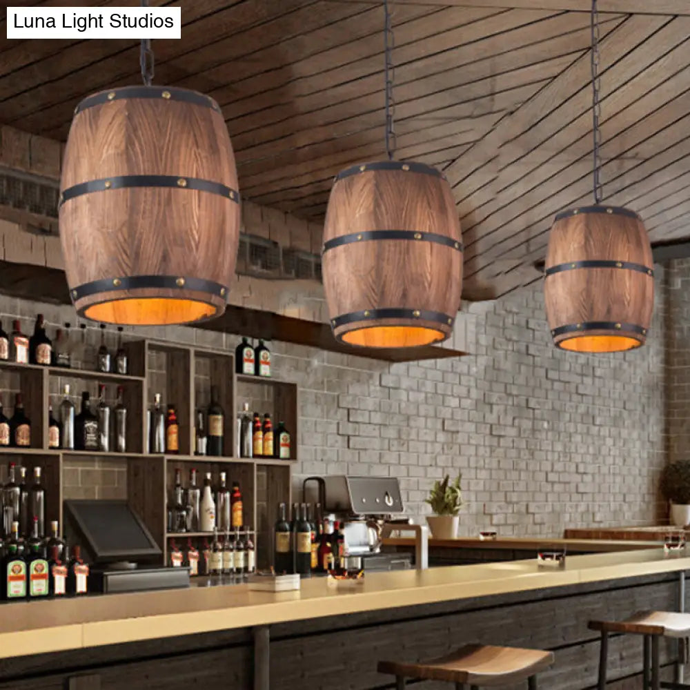 Industrial Wood Barrel Pendant Light In Brown - Creative Hanging Fixture