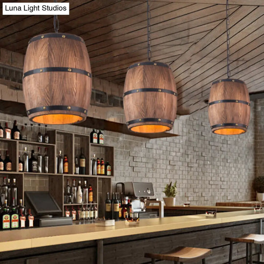 Industrial Wood Barrel Pendant Light In Brown - Creative Hanging Fixture