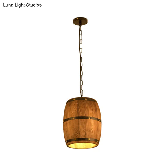 Industrial Wood Barrel Pendant Light In Brown - Creative Hanging Fixture