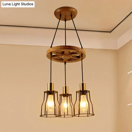 Industrial Wood Bell Cage Pendant Light With Brass Accents - 3/6 Lights For Living Room