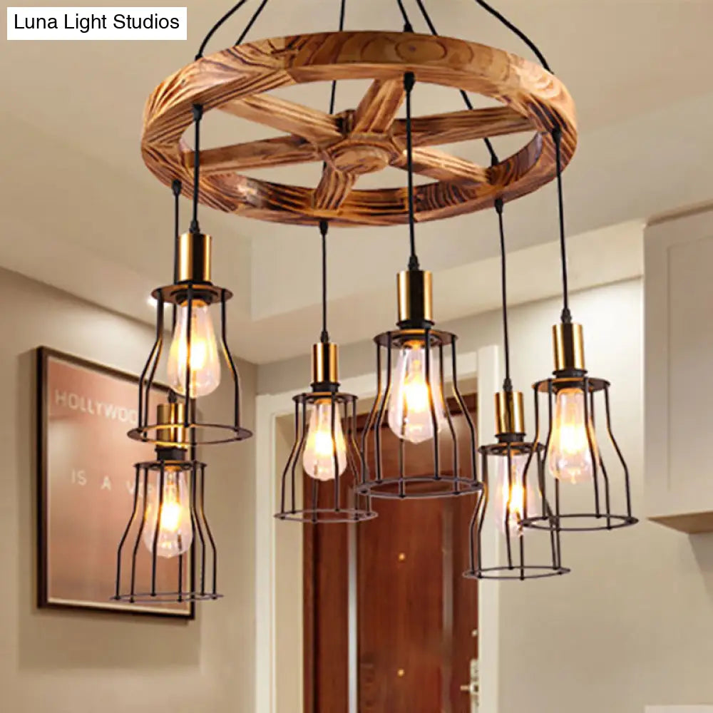 Industrial Wood Bell Cage Pendant Light With 3/6 Brass Lights For Living Room 6 /