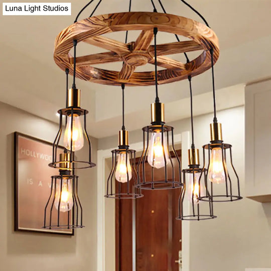 Industrial Wood Bell Cage Pendant Light With 3/6 Brass Lights For Living Room 6 /