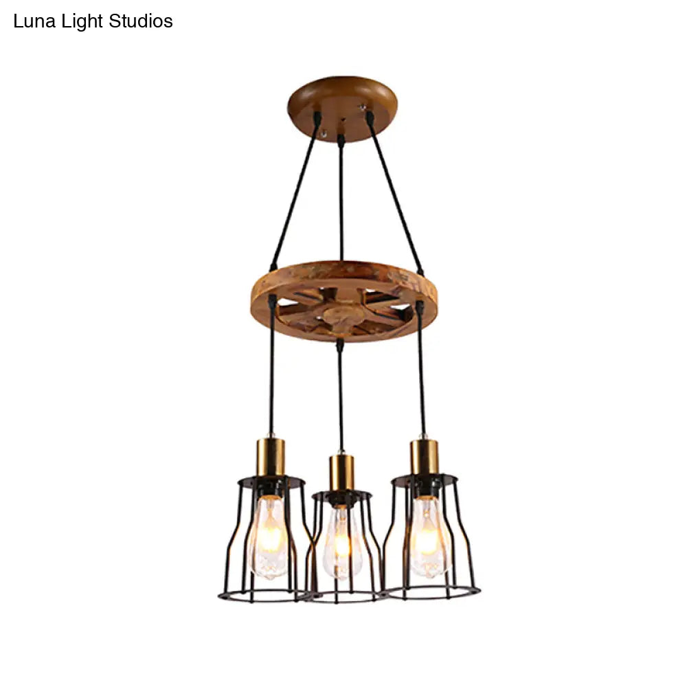 Industrial Wood Bell Cage Pendant Light With 3/6 Brass Lights For Living Room