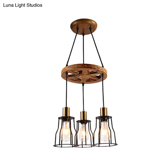 Industrial Wood Bell Cage Pendant Light With 3/6 Brass Lights For Living Room