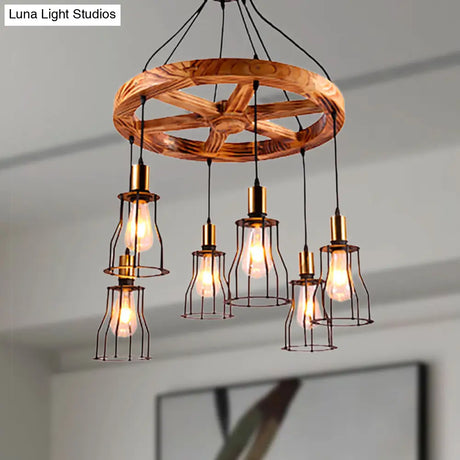 Industrial Wood Bell Cage Pendant Light With Brass Accents - 3/6 Lights For Living Room