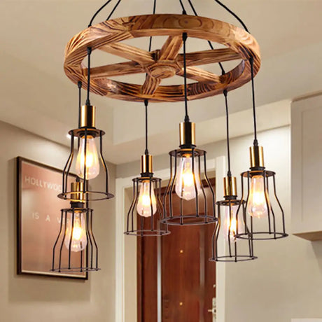 Industrial Wood Bell Cage Pendant Light With Brass Accents - 3/6 Lights For Living Room 6 /