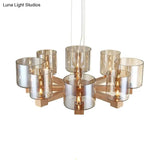 Industrial Wood Cylinder Chandelier With Radial Design - 4/6/8 Lights Amber Glass Hanging Pendant