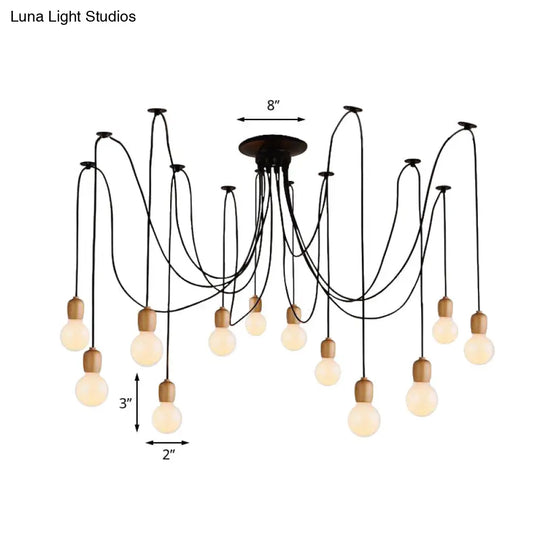 Industrial Wood Swag Pendant Lamp With Exposed Bulb - Black Finish 8/12 Lights For Dining Room