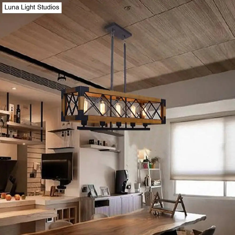 Industrial Wood Rectangular Island Chandelier Light For Living Room Decor