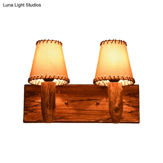 Industrial Wood Sconce Light Fixture For Dining Room - 1/2-Light Tapered Wall Lamp With Fabric Shade