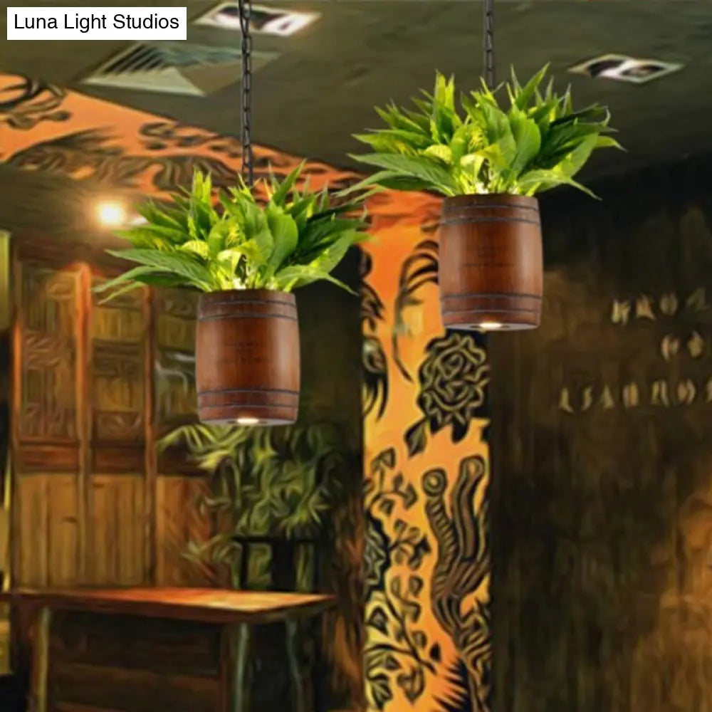 Industrial Brown Wooden Ceiling Pendant With Plant - 1 Head Barrel Suspension Lamp For Restaurants