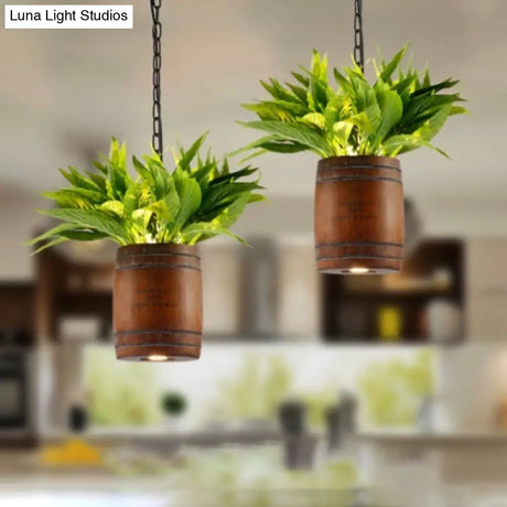 Industrial Wooden Pendant Lamp With Plant For Restaurant - Barrel Suspension Style