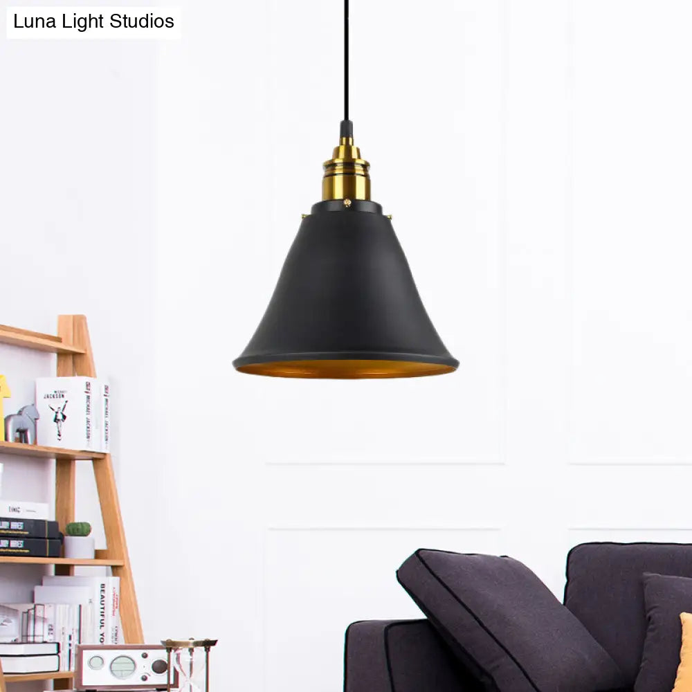 Industrial Hanging Pendant Lamp - 1-Light Wrought Iron Black/White/Gold Bell Shade For Living Room