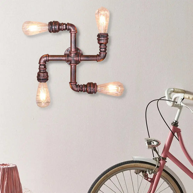 Industrial Wrought Iron Sconce Lamp With Exposed Bulb - Antique Copper Finish 4 Lights Perfect For