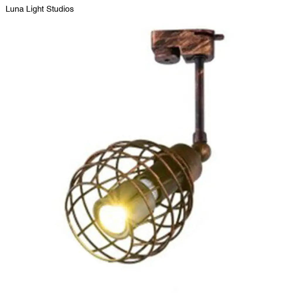 Industrial Wrought Iron Semi Flush Mount Ceiling Light With Wire Guard - Black/White Rust