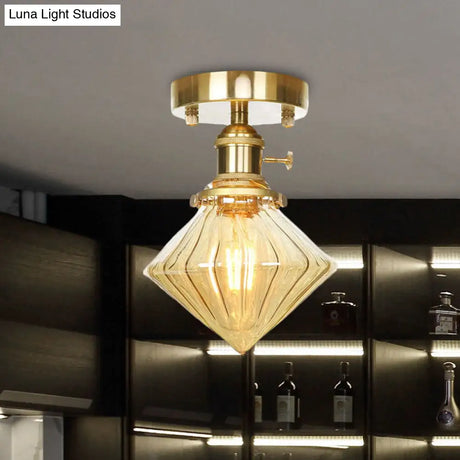 Industrially Styled Gem Shade Semi Flush Light For Living Rooms With Prismatic Glass And
