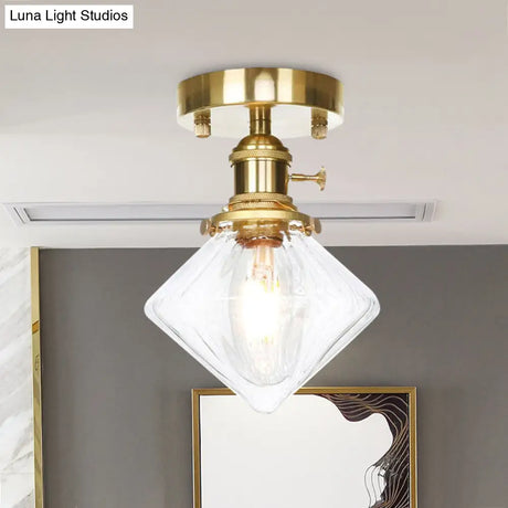 Industrially Styled Gem Shade Semi Flush Light For Living Rooms With Prismatic Glass And
