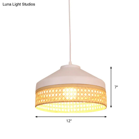 Iron Barn Pendant Light Kit - Modernist White Ceiling Lamp With Woven Rattan Detail
