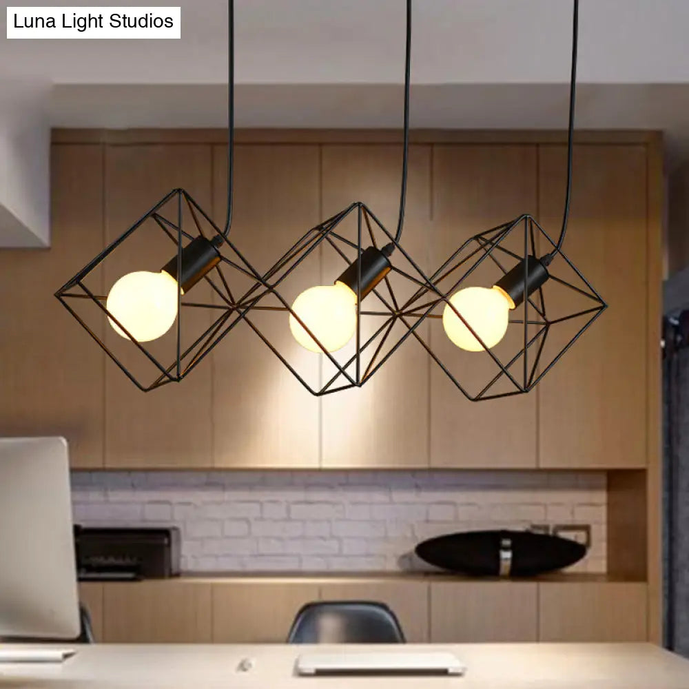 Iron Black Industrial-Style Pendant Lamp - Multiple Hanging Light Cube Cage With 3 Bulbs