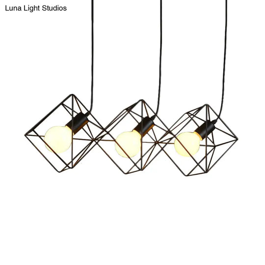 Iron Black Industrial-Style Pendant Lamp - Multiple Hanging Light Cube Cage With 3 Bulbs