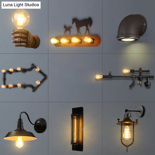 Iron Black Finish Industrial 1-Bulb Wall Sconce - Water Pipe/Cage/Fist Design
