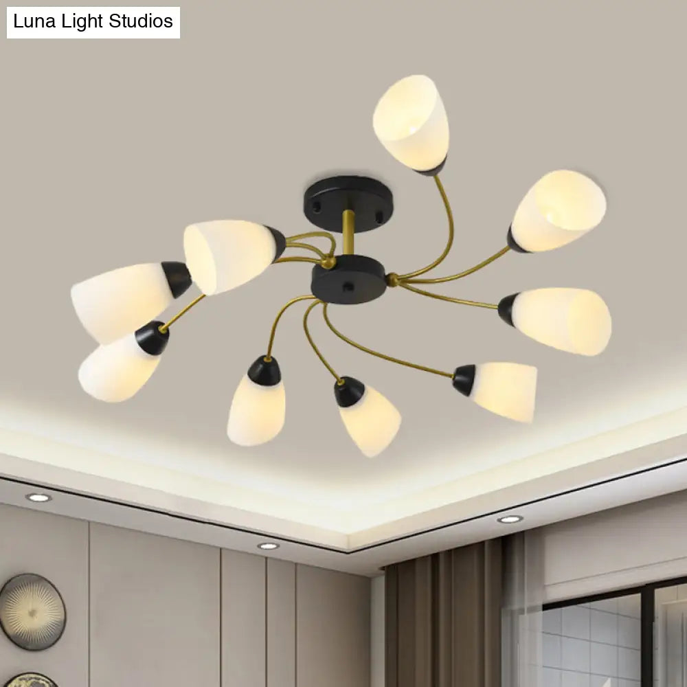 Iron Black/Gold Ceiling Spiral Semi Flush Mount Light With Tapered White Glass Shade - 9/12-Head